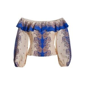 Boston Proper Off Shoulder Linen Top sz 6 Paisley Balloon Sleeve Ruffle Smocked